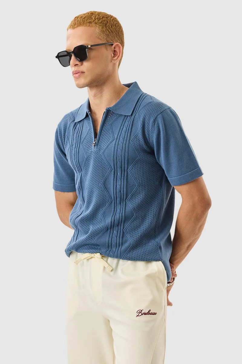 SNITCH Blue Textured Slim Fit Polo T-Shirt